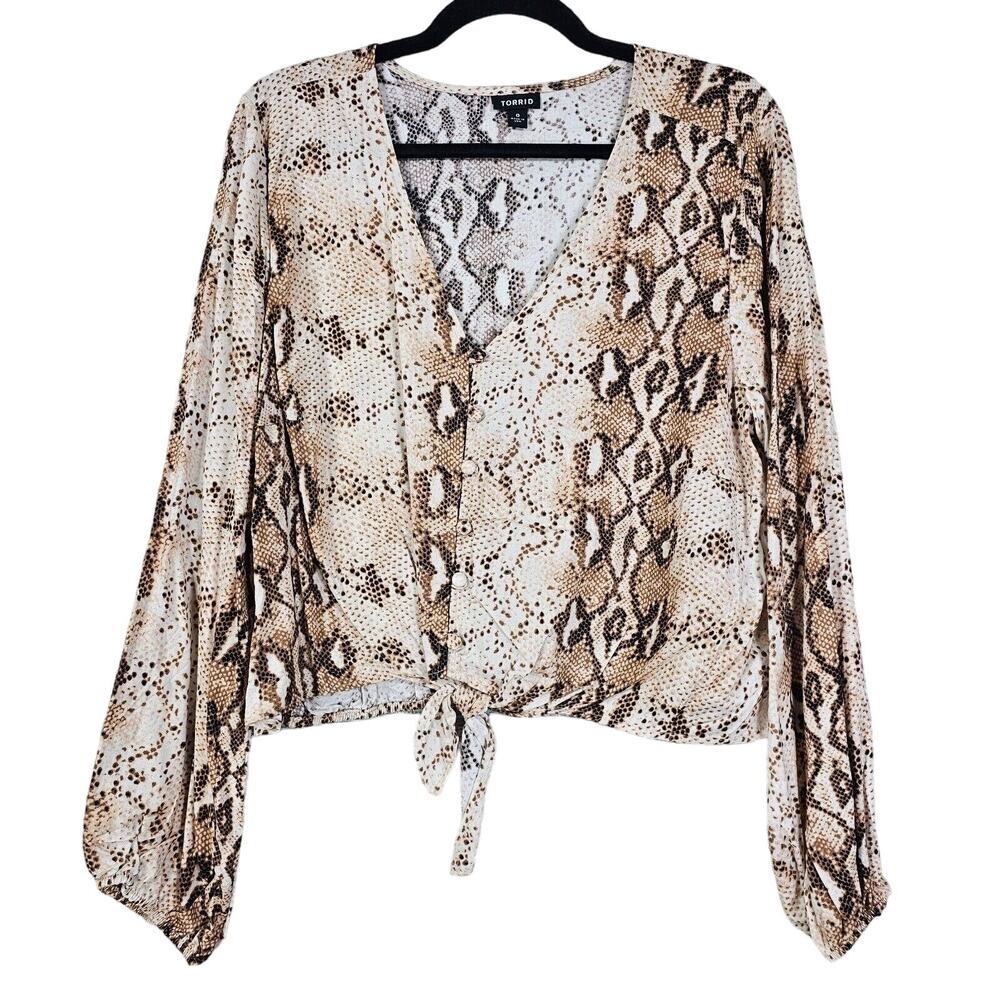 Torrid 0 Crop Top Womens Large Brown Tan Snakeskin Animal Print Blouse Shirt